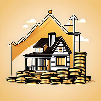 illustration of a house with stacks of coins with raising graph and arrow point up.