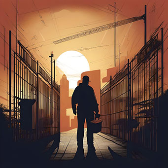 illustration of a man heading to work walking by jail cells on a sunny day.